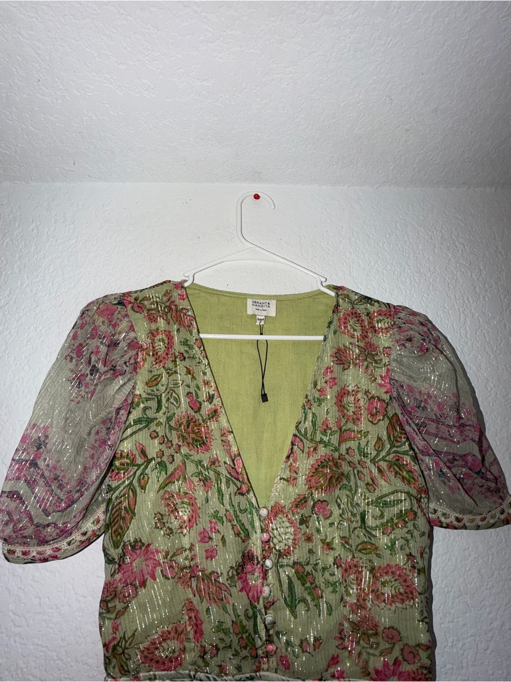 HEMANT & NANDITA Sage Green Floral V-Neck Puff Sleeve Top with Pink Accents - Picture 7 of 9